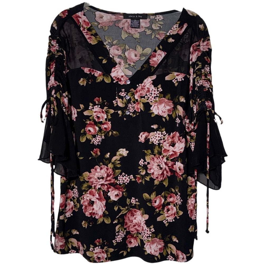 Adele & May Black and Pink Floral Blouse Sz XL